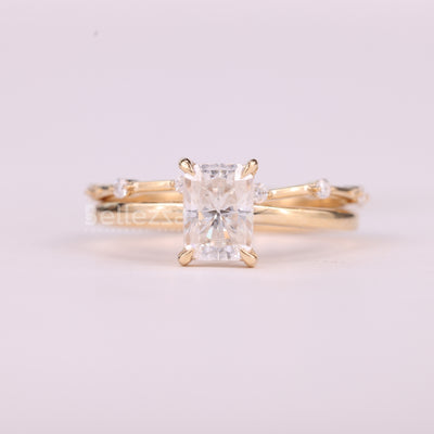 1.0CT Radiant Cut Hidden Halo Moissanite Bridal Ring Set