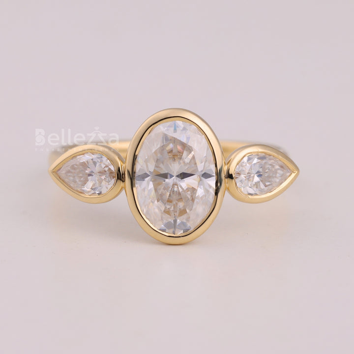 1.50CT Oval Cut Bezel Setting Three Stone Engagement Ring