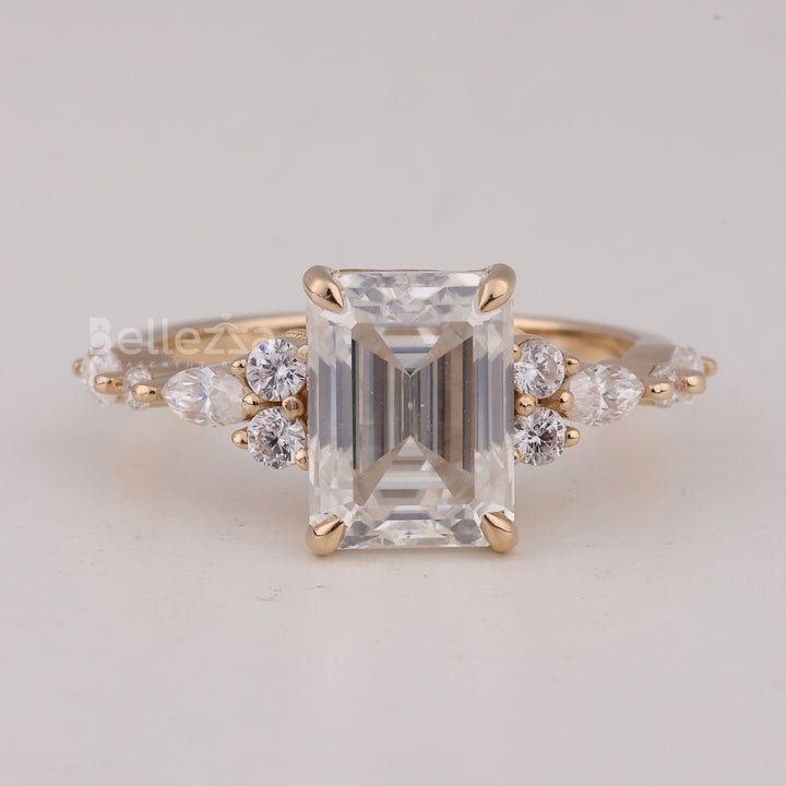 1.50CT Emerald Cut Cluster Diamond Moissanite Engagment Ring