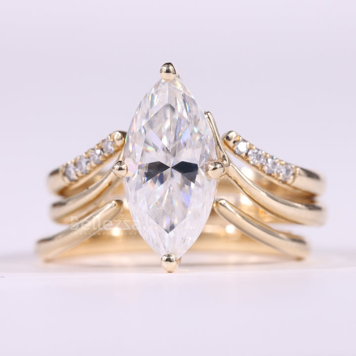 2.0CT Marquise Cut Unique Curved Moissanite Engagement Ring Set