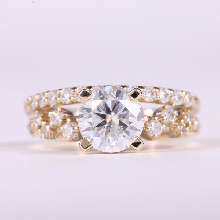 1.0CT Round Cut Cluster Diamond Moissanite Engagement Ring Set