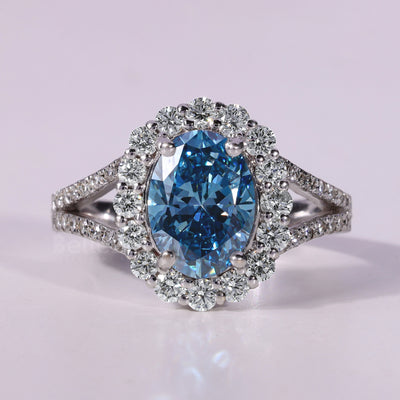 1.0CT-2.0CT Blue Oval Cut Diamond Halo Moissanite Engagement Ring