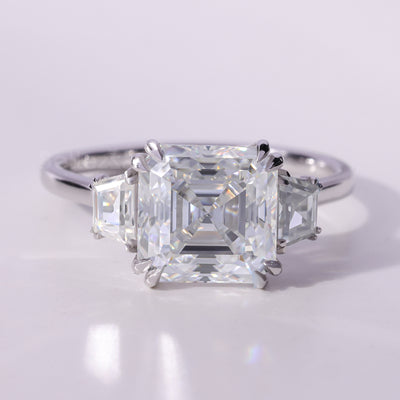 2.0CT-4.0CT Asscher Cut Three Stone Moissanite Engagement Ring