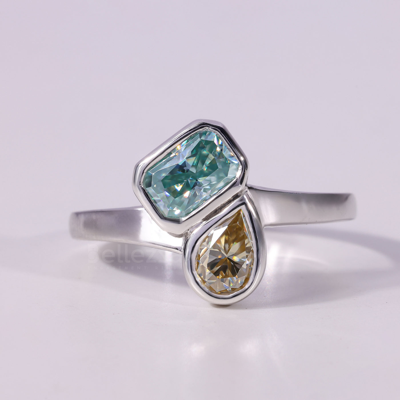 1.0CT Radiant & Pear Cut Color Diamond Toi Et Moi Engagement Ring