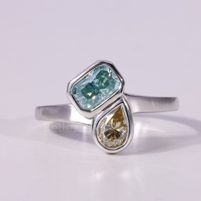 1.0CT Radiant & Pear Cut Color Diamond Toi Et Moi Engagement Ring