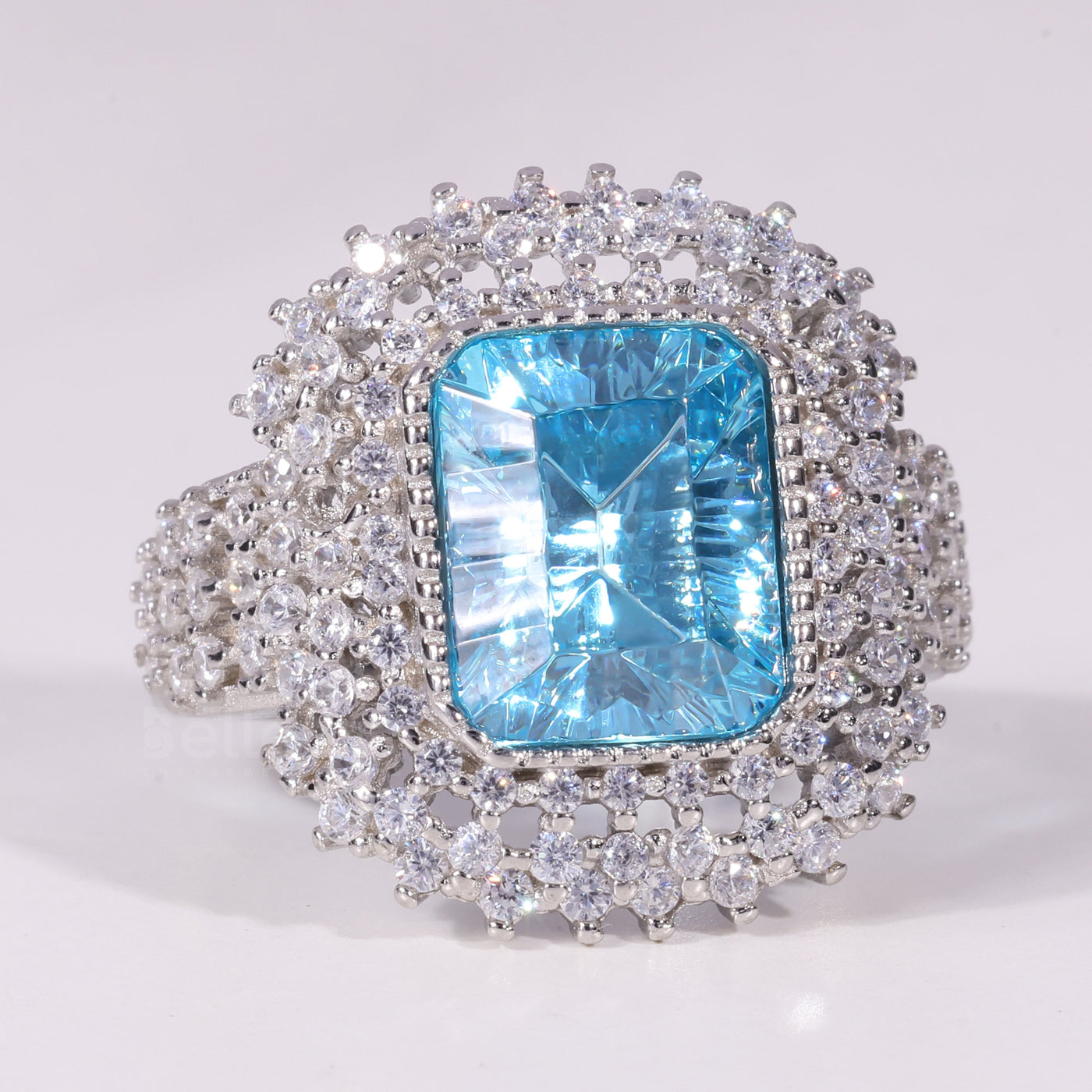 1.50CT-3.50CT Emerald Cut Blue Stone Cluster Engagement Ring