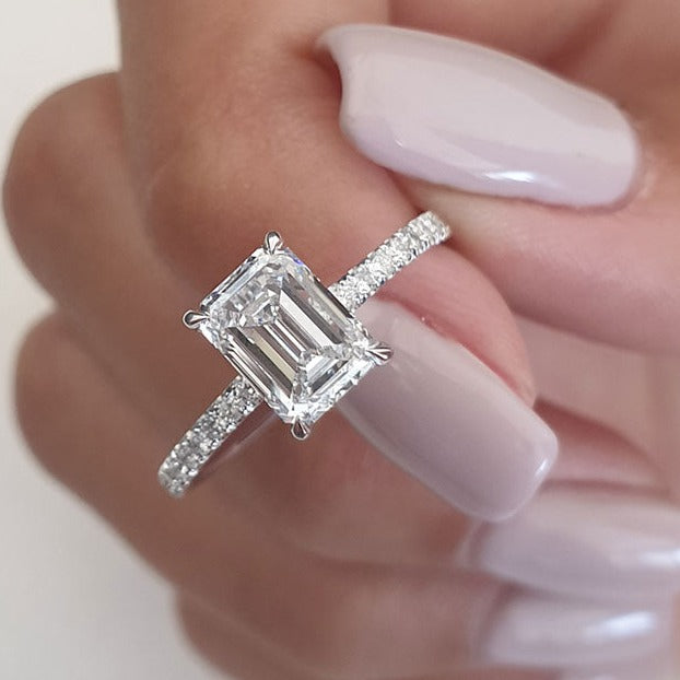 1.25ct Emerald Cut Hidden Halo Moissanite Diamond Engagement Ring