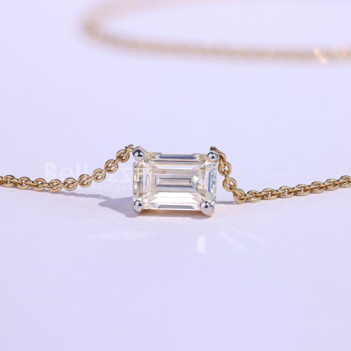 East West Emerald Diamond Moissanite Solitaire Necklace - Ready to Ship