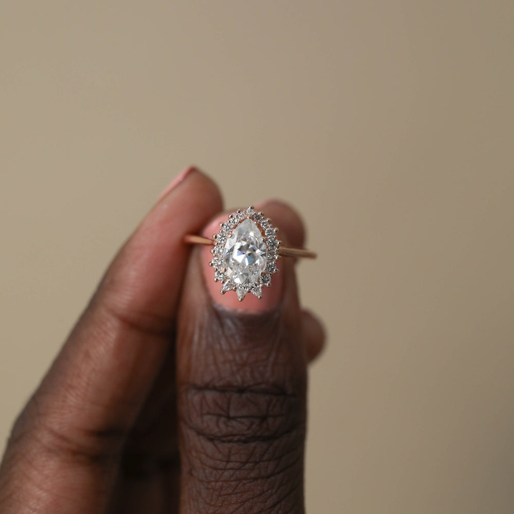 1.25ct Pear Cut Cluster Halo Moissanite Diamond Engagement Ring