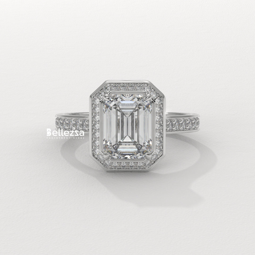 2.0-3.0CT Emerald Cut CVD Diamond Halo Pave Set Engagement Ring