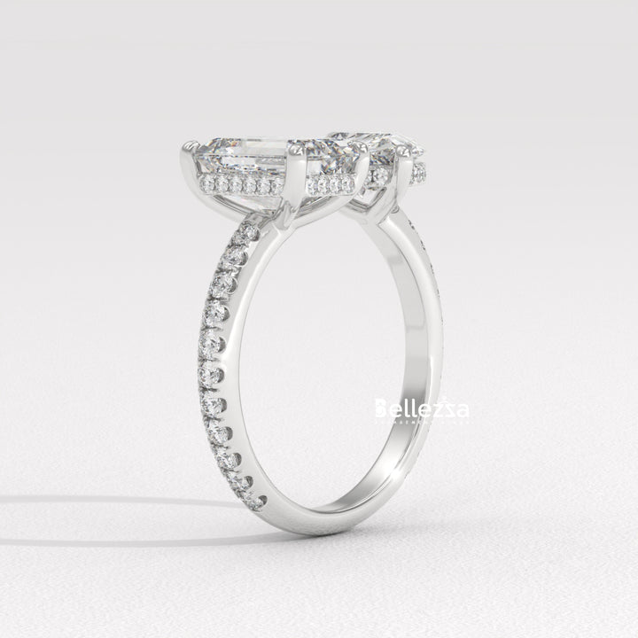 1.0CT Pear & Emerald Cut Hidden Halo Open Style Two Stone Lab Grown Ring