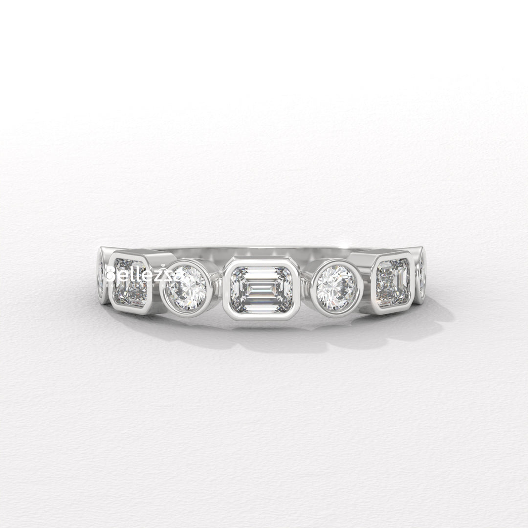 Round & Emerald Cut Diamond Half Eternity Lab Grown Wedding Band