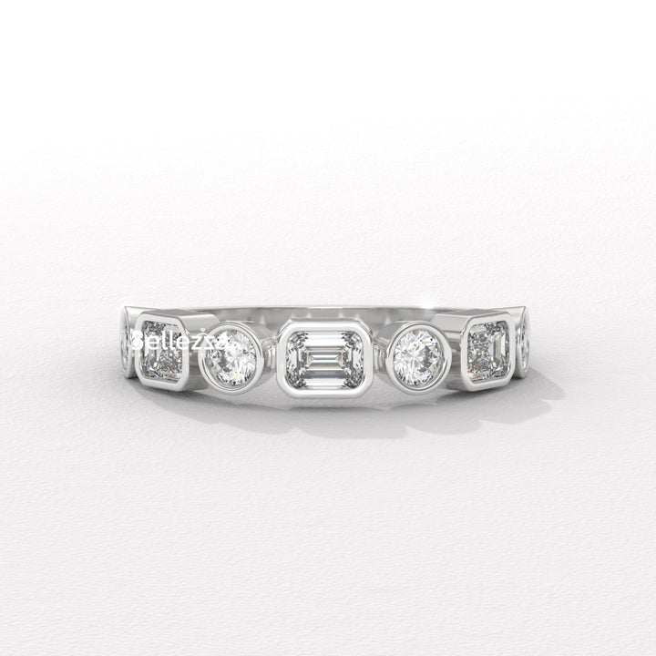 Round & Emerald Cut Diamond Half Eternity Lab Grown Wedding Band