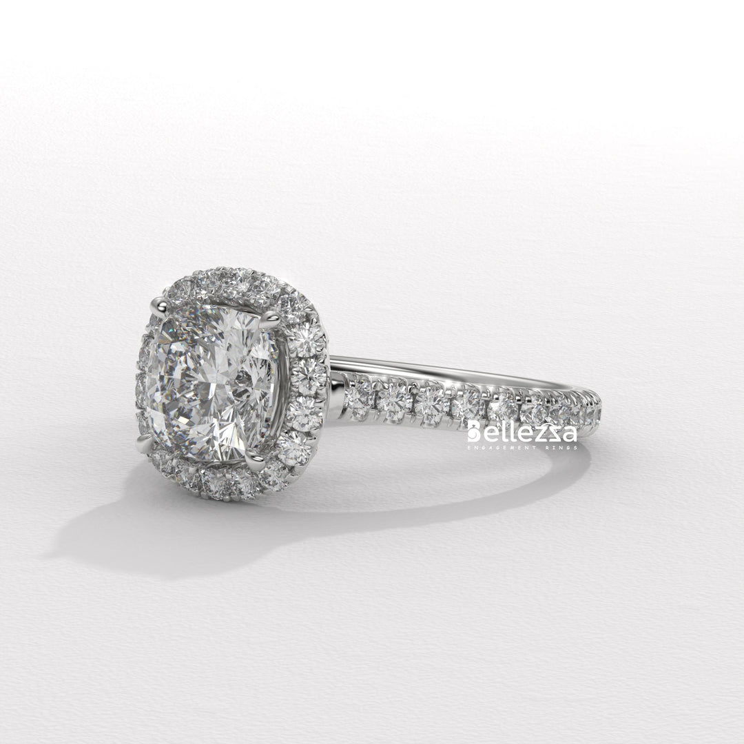 1.0-2.0CT Cushion Cut CVD Diamond Halo Pave Setting Engagement Ring