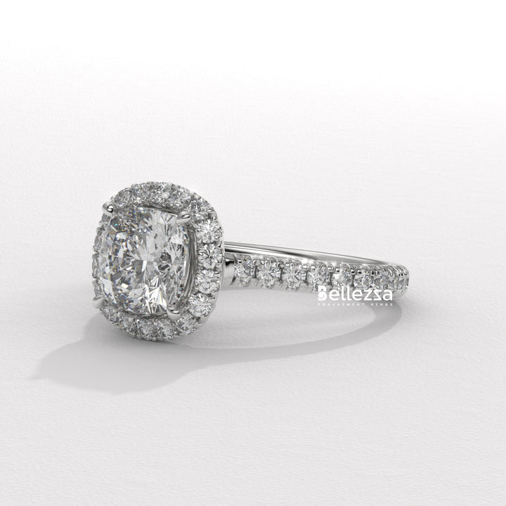 1.0-2.0CT Cushion Cut CVD Diamond Halo Pave Setting Engagement Ring