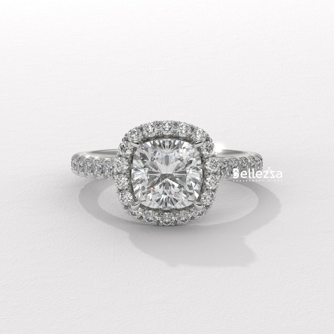 1.0-2.0CT Cushion Cut CVD Diamond Halo Pave Setting Engagement Ring
