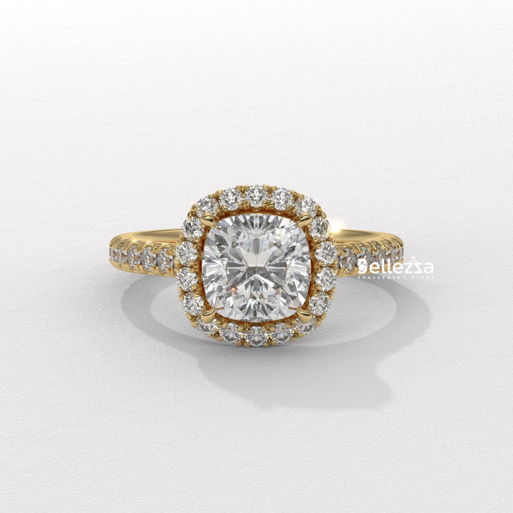 1.0-2.0CT Cushion Cut CVD Diamond Halo Pave Setting Engagement Ring