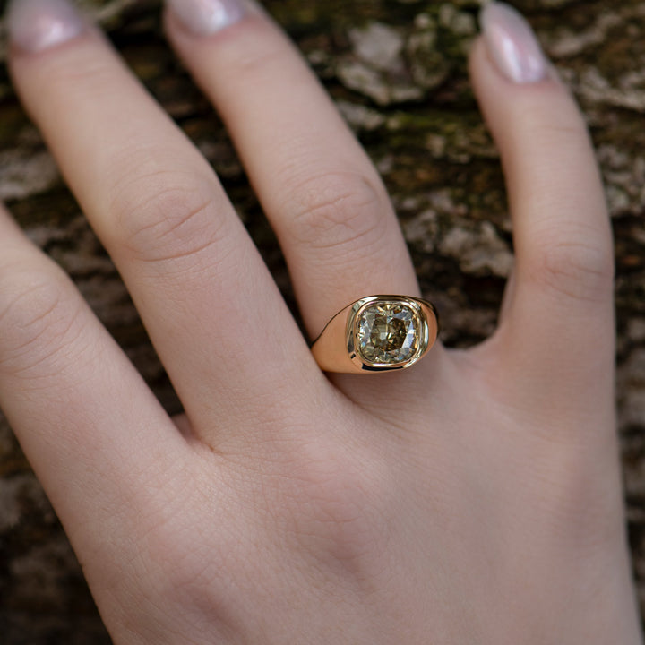 3.0CT Greenish Yellow Cushion Bezel Setting Unique Lab Grown Engagement Ring
