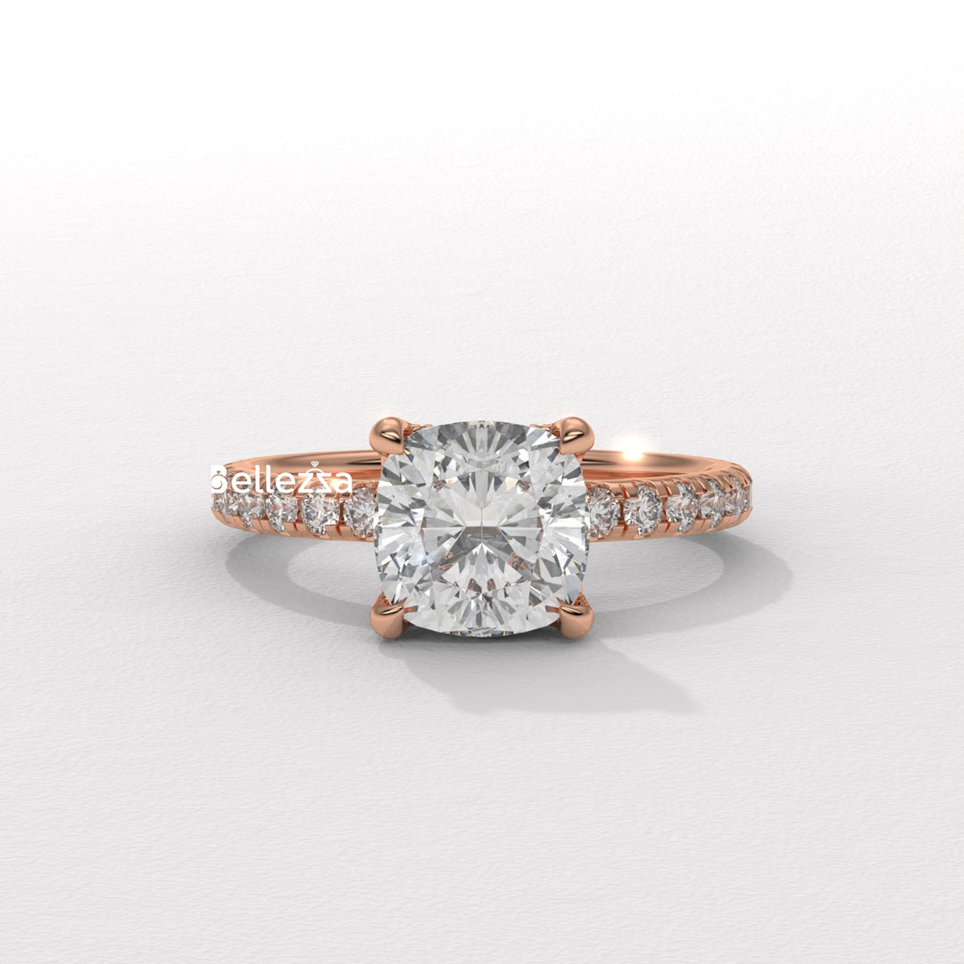 1.0-2.0CT Cushion Cut Diamond Pave Setting Lab Grown Engagement Ring