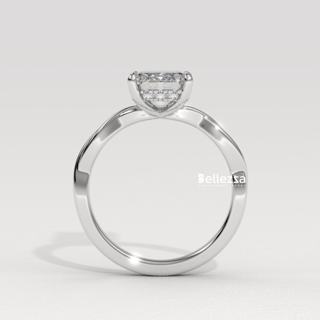 2.0-3.0CT Emerald Cut Twisted Hidden Halo Lab Grown Engagement Ring
