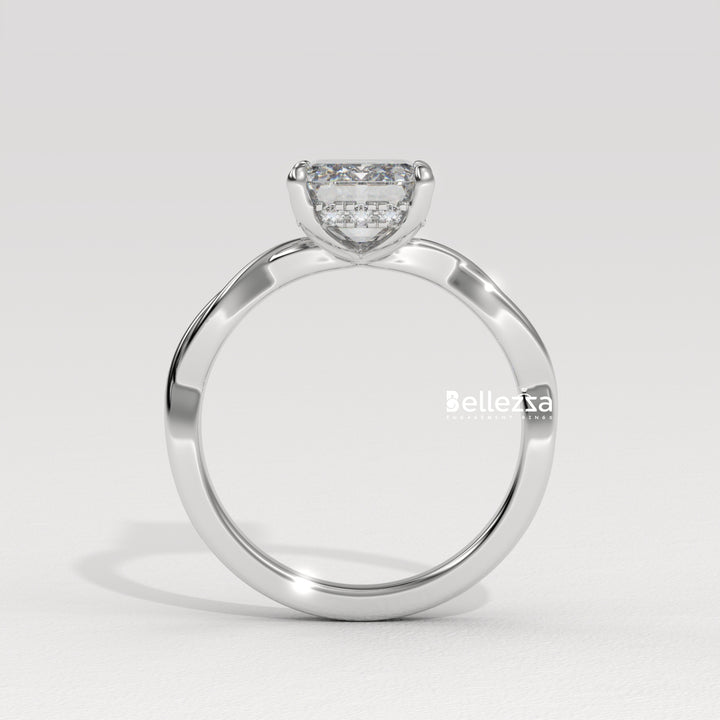 2.0-3.0CT Emerald Cut Twisted Hidden Halo Lab Grown Engagement Ring