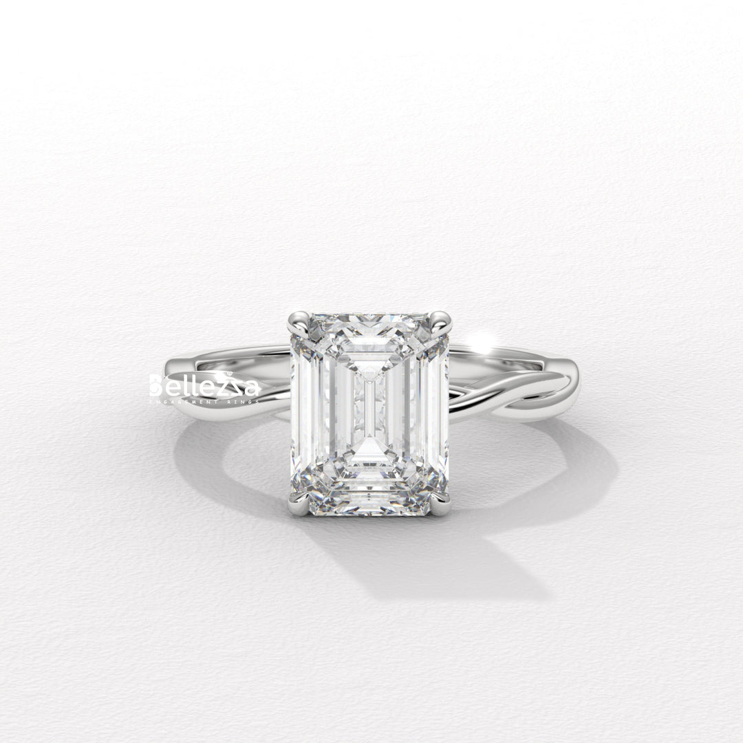 2.0-3.0CT Emerald Cut Twisted Hidden Halo Lab Grown Engagement Ring