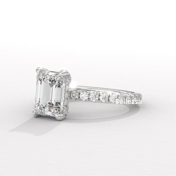 1.50-2.50CT Emerald Cut Lab Grown Diamond Pave Setting Engagement Ring