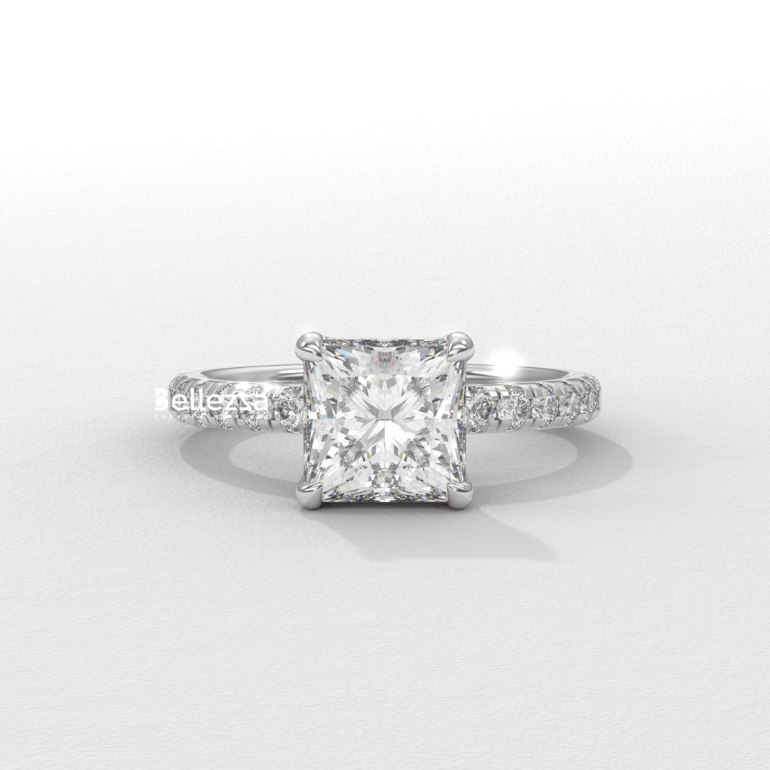 1.0-2.0CT Princess Cut CVD Diamond Pave Setting Engagement Ring