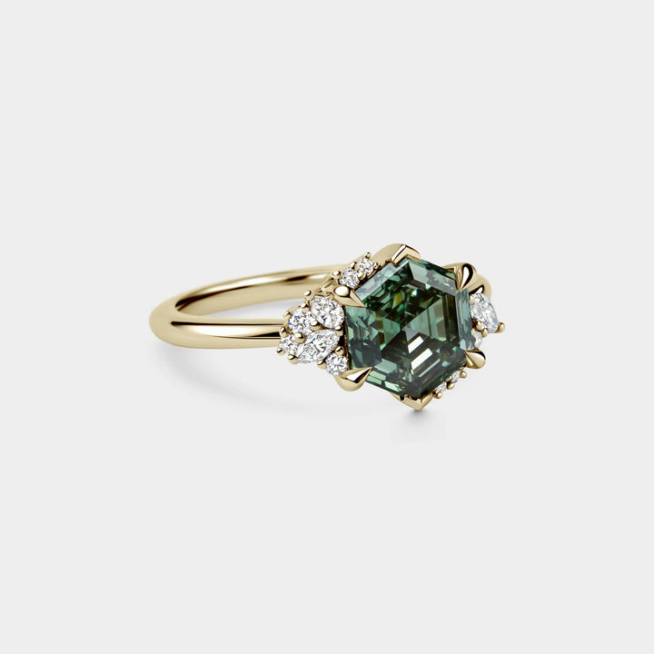2.50CT Hexagon Shape Green Diamond Cluster Setting Lab Grown Engagement Ring