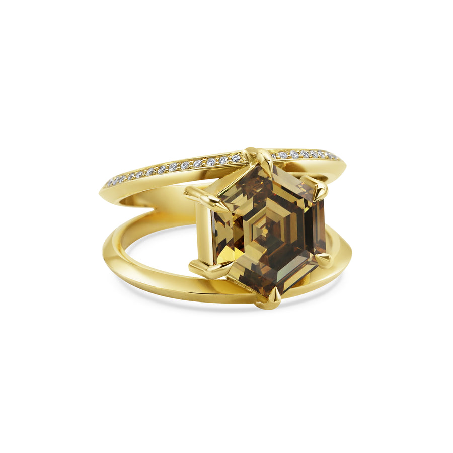 4.0CT Fancy Yellow Brown Hexagon Diamond Unique Lab Grown Engagement Ring