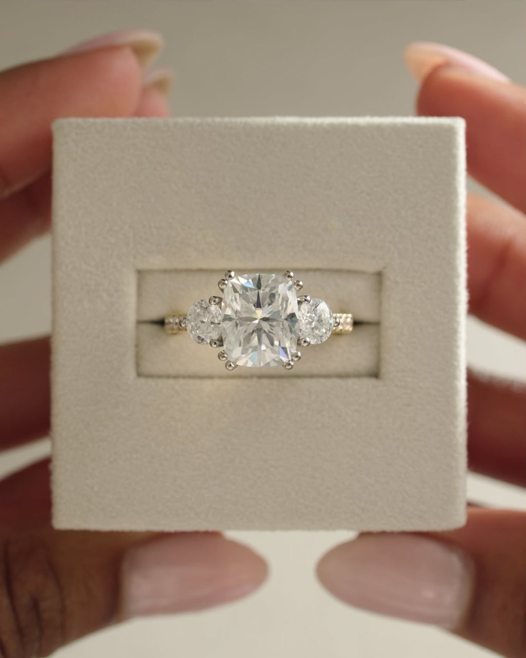 1.0 CT Elongated Cushion Cut Three Stone Moissanite Engagement Ring