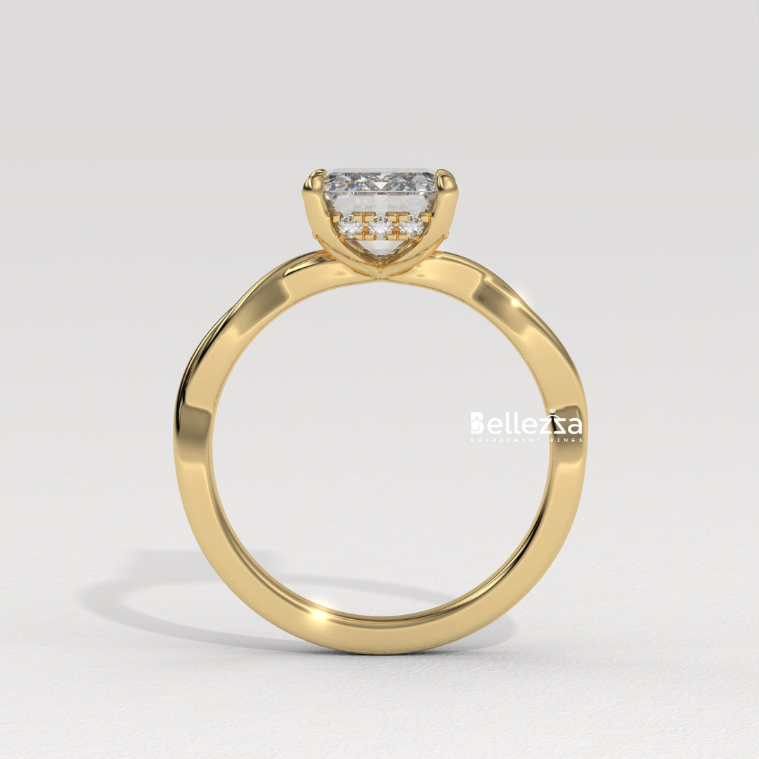 2.0-3.0CT Emerald Cut Twisted Hidden Halo Lab Grown Engagement Ring