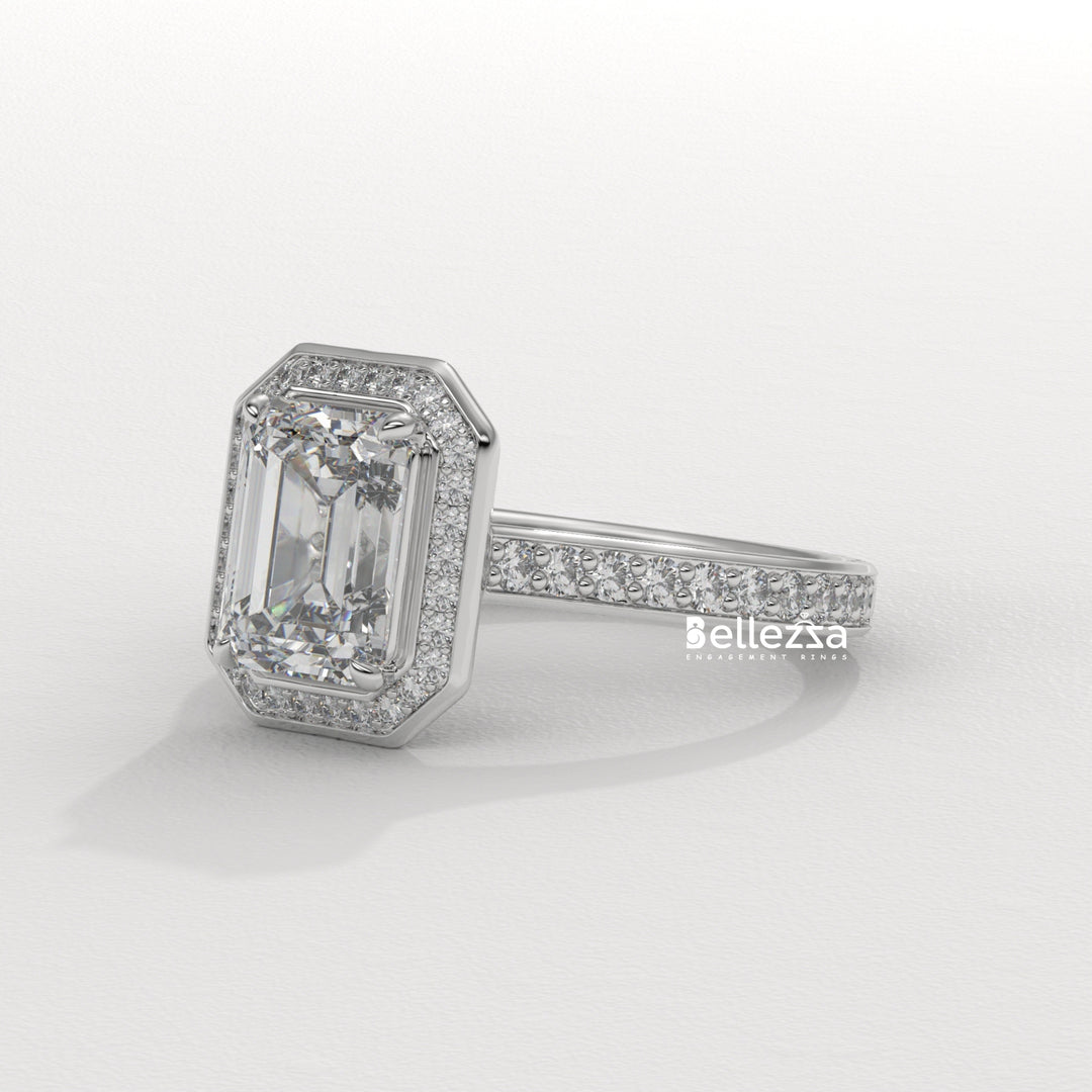 2.0-3.0CT Emerald Cut CVD Diamond Halo Pave Set Engagement Ring