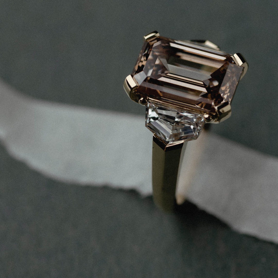 6.0CT Fancy Brown Emerald Cut Three Stone Knife Edge Lab Grown Engagement Ring