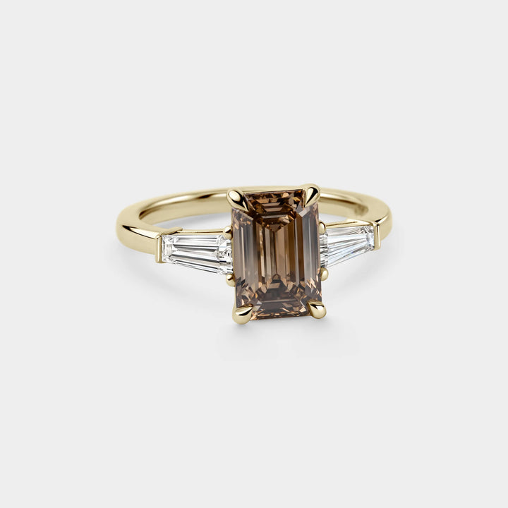 2.0CT Fancy Brown Emerald Cut Three Stone Lab Grown Engagement Ring