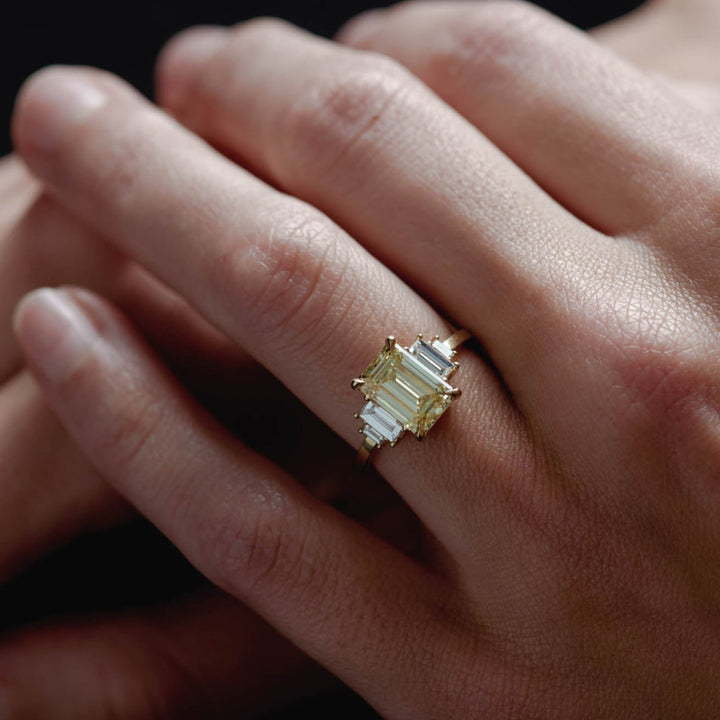2.50CT Fancy Yellow Emerald Cut Five Stone Lab Grown Engagement Ring