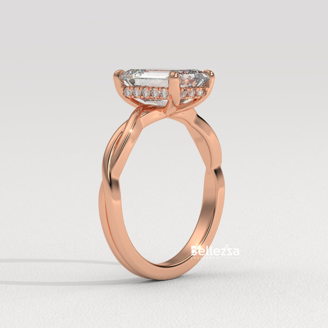 2.0-3.0CT Emerald Cut Twisted Hidden Halo Lab Grown Engagement Ring