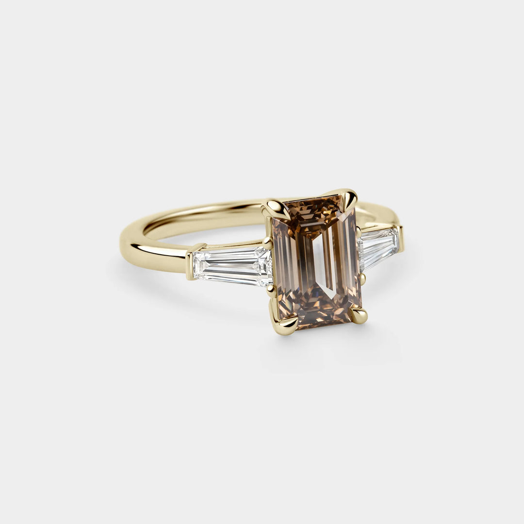 2.0CT Fancy Brown Emerald Cut Three Stone Lab Grown Engagement Ring