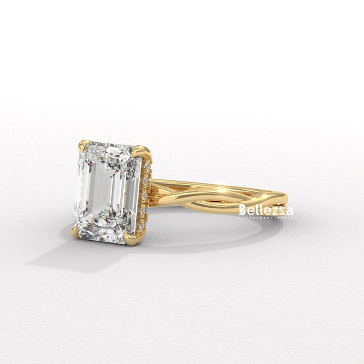 2.0-3.0CT Emerald Cut Twisted Hidden Halo Lab Grown Engagement Ring