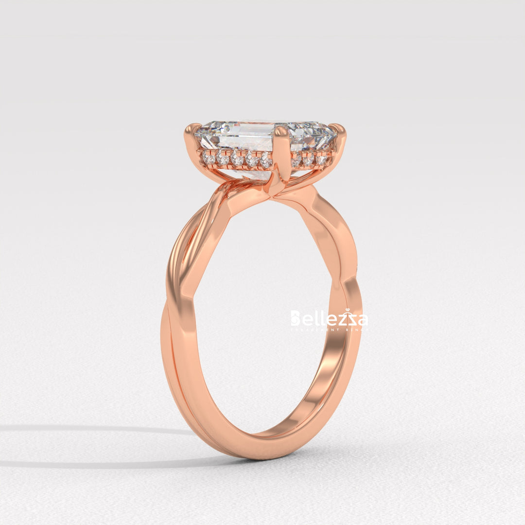 2.0-3.0CT Emerald Cut Twisted Hidden Halo Lab Grown Engagement Ring