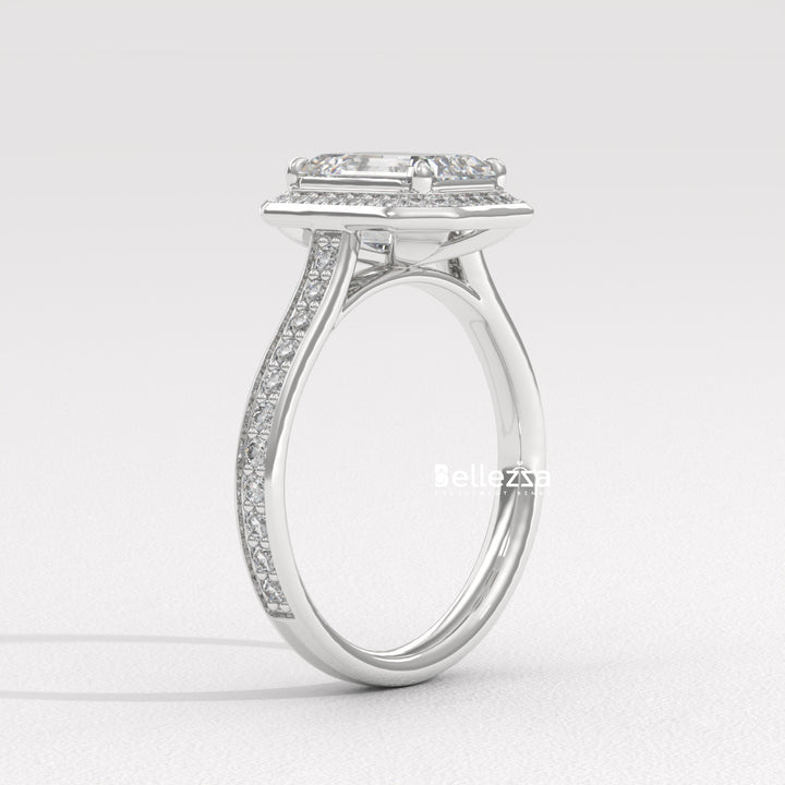 2.0-3.0CT Emerald Cut CVD Diamond Halo Pave Set Engagement Ring