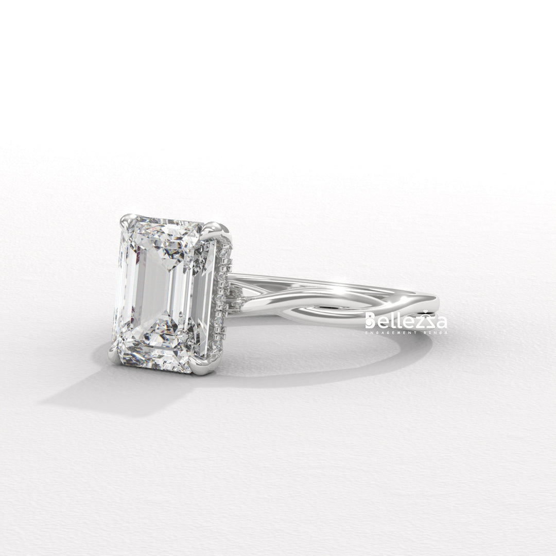 2.0-3.0CT Emerald Cut Twisted Hidden Halo Lab Grown Engagement Ring