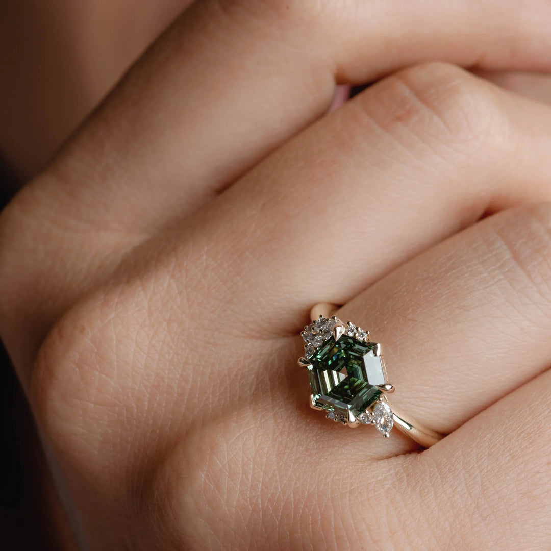 2.50CT Hexagon Shape Green Diamond Cluster Setting Lab Grown Engagement Ring