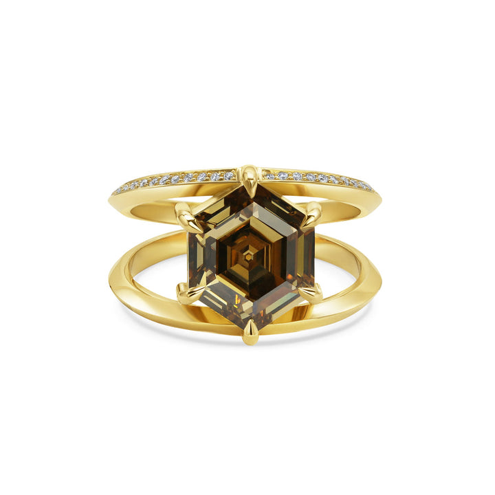 4.0CT Fancy Yellow Brown Hexagon Diamond Unique Lab Grown Engagement Ring