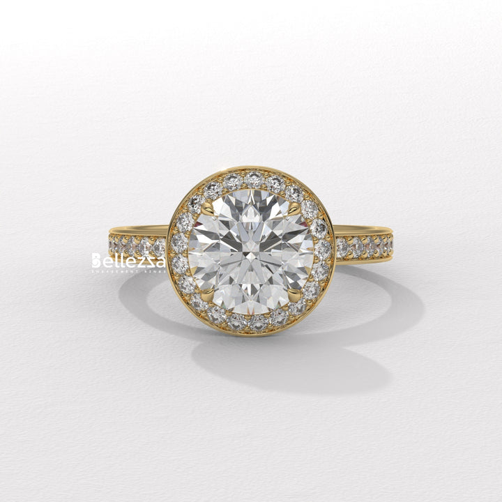 1.50-2.50CT Round Cut CVD Diamond Halo Pave Setting Engagement Ring