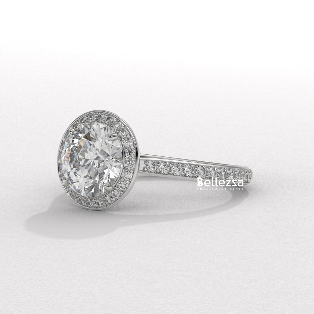 1.0-2.0CT Round Cut CVD Diamond Halo Pave Setting Engagement Ring