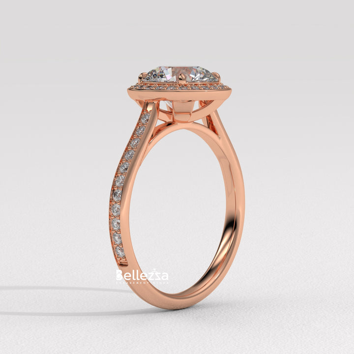 1.0-2.0CT Round Cut CVD Diamond Halo Pave Setting Engagement Ring