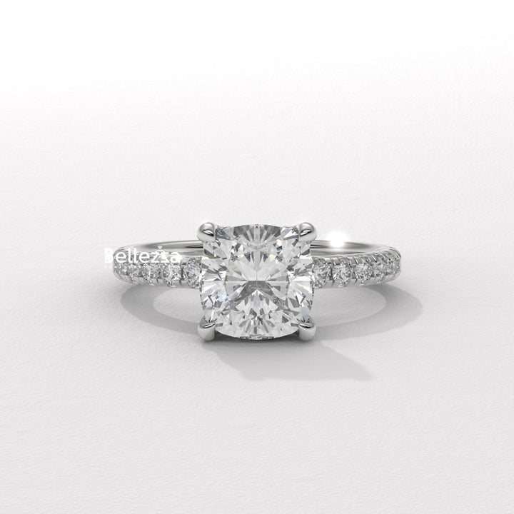 1.0-2.0CT Cushion Cut Diamond Pave Setting Lab Grown Engagement Ring