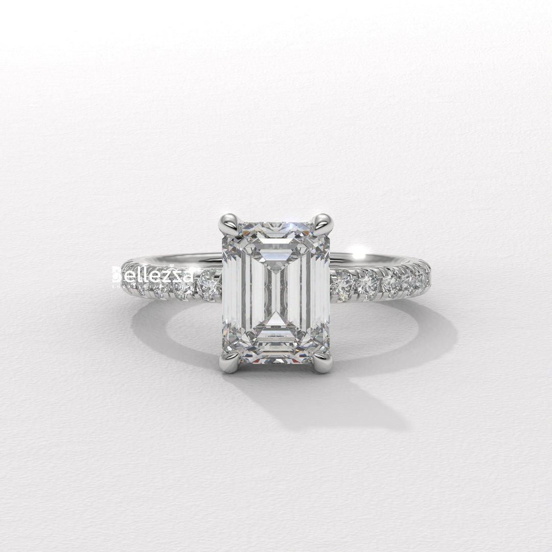 1.50-2.50CT Emerald Cut Lab Grown Diamond Pave Setting Engagement Ring