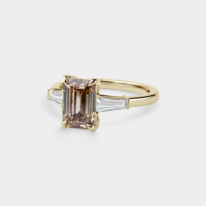 2.0CT Fancy Brown Emerald Cut Three Stone Lab Grown Engagement Ring